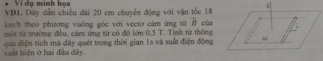 Ví dụ minh họa 
VD1. Dây dẫn chiều dài 20 cm chuyển động với vận tốc 18
km/h theo phương vuông góc với vectơ cảm ứng từ vector B của 
một từ trường đêu. cảm ứng từ có độ lớn 0,5 T. Tính từ thông 
qua diện tích mà dây quét trong thời gian 1s và suất điện động 
xuất hiện ở hai đầu dây.