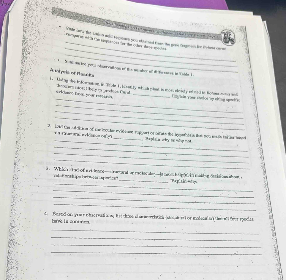 Relationships and Biodiversity, Student Laboratory Packet, page 5 
_ 
State how the amino acid sequence you obtained from the gene fragment for Botann curu 
_compares with the sequences for the other three species. 
_ 
Summarize your observations of the number of differences in Table 1. 
Analysis of Results 
_ 
1. Using the information in Table 1, identify which plant is most closely related to Botana curus and 
therefore most likely to produce Curol. Explain your choice by citing specific 
evidence from your research. 
_ 
_ 
_ 
_ 
2. Did the addition of molecular evidence support or refute the hypothesis that you made earlier based 
on structural evidence only? Explain why or why not 
_ 
_ 
_ 
3. Which kind of evidence—structural or molecular—is most helpful in making decisions about 
_ 
relationships between species? _Explain why. 
_ 
_ 
_ 
4. Based on your observations, list three characteristics (structural or molecular) that all four species 
have in common. 
_ 
_ 
_ 
_