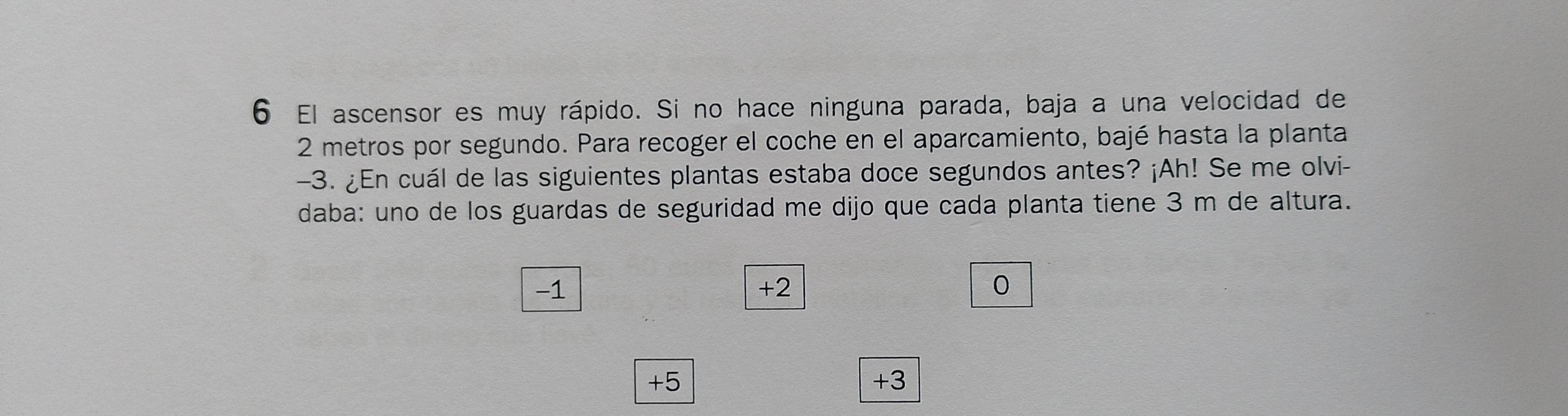 El ascensor es muy rápido. Si no hace ninguna parada, baja a una velocidad de
2 metros por segundo. Para recoger el coche en el aparcamiento, bajé hasta la planta
−3. ¿En cuál de las siguientes plantas estaba doce segundos antes? ¡Ah! Se me olvi-
daba: uno de los guardas de seguridad me dijo que cada planta tiene 3 m de altura.
-1
+2
0
+5
+3