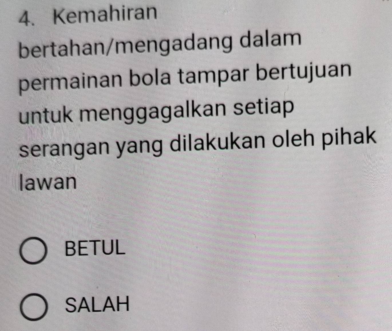 Kemahiran
bertahan/mengadang dalam
permainan bola tampar bertujuan
untuk menggagalkan setiap
serangan yang dilakukan oleh pihak
lawan
BETUL
SALAH