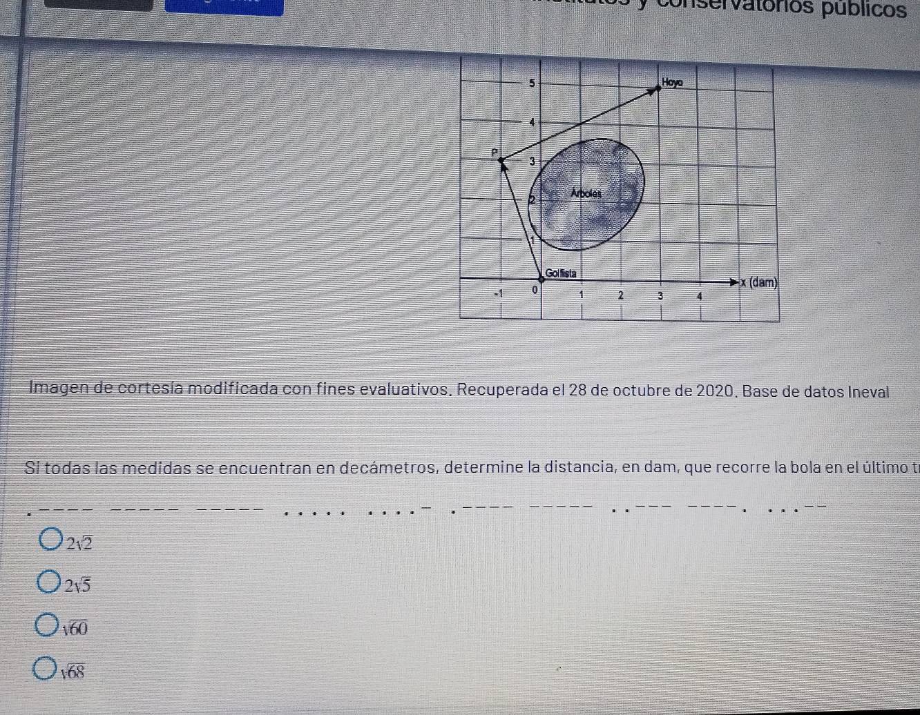 conservatóros públicos
Imagen de cortesía modificada con fines evaluativos. Recuperada el 28 de octubre de 2020. Base de datos Ineval
Si todas las medidas se encuentran en decámetros, determine la distancia, en dam, que recorre la bola en el último t
2sqrt(2)
2sqrt(5)
sqrt(60)
sqrt(68)