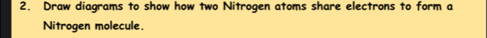 Draw diagrams to show how two Nitrogen atoms share electrons to form a 
Nitrogen molecule.