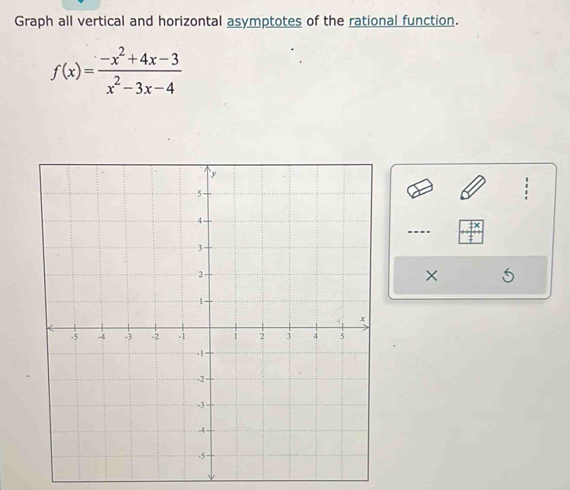 Graph all vertical and horizontal asymptotes of the rational function.
f(x)= (-x^2+4x-3)/x^2-3x-4 
×