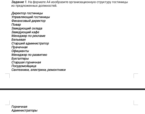 задание 1. На формате А4 изобразите организационнуюо структуру гостиницы 
из предложκенныΙх должностей 
Директор гостиницы 
Υηравляюοιий гостиницы 
Φинансовый дирекτор 
Повар 
Заведуιοιιий склада 
Заведуιοιιий κафе 
Менедкер πо рекламе 
Бельевая 
Сτарший администратор 
Прачечная 
Οфицианты 
Менеджер πо развитиюо 
Byxгалтеры 
Старшая горничная 
Ποсνдοмοйμιиια 
Сантехники, злектрики, ремонтники 
Γорничная 
Администраторы