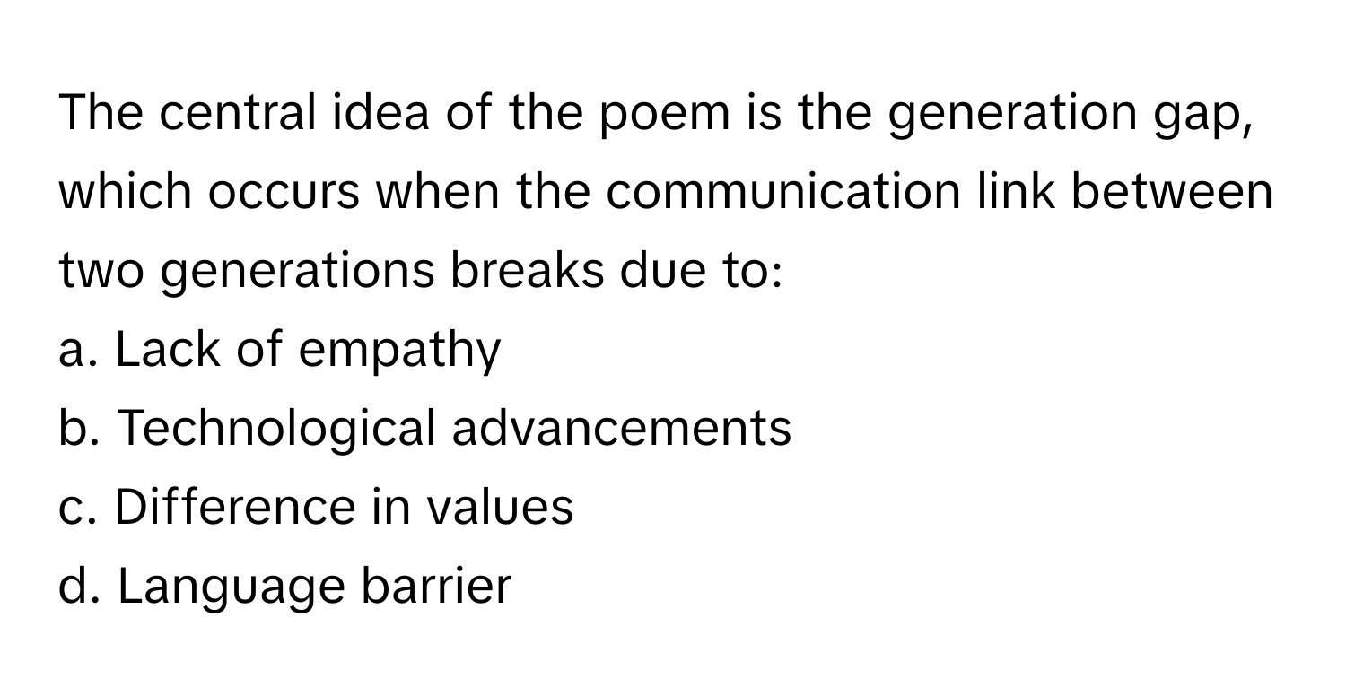 The central idea of the poem is the generation gap, which occurs when the communication link between two generations breaks due to:

a. Lack of empathy 
b. Technological advancements 
c. Difference in values 
d. Language barrier