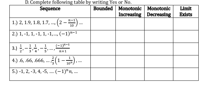 Complete following table by writing Yes or No.