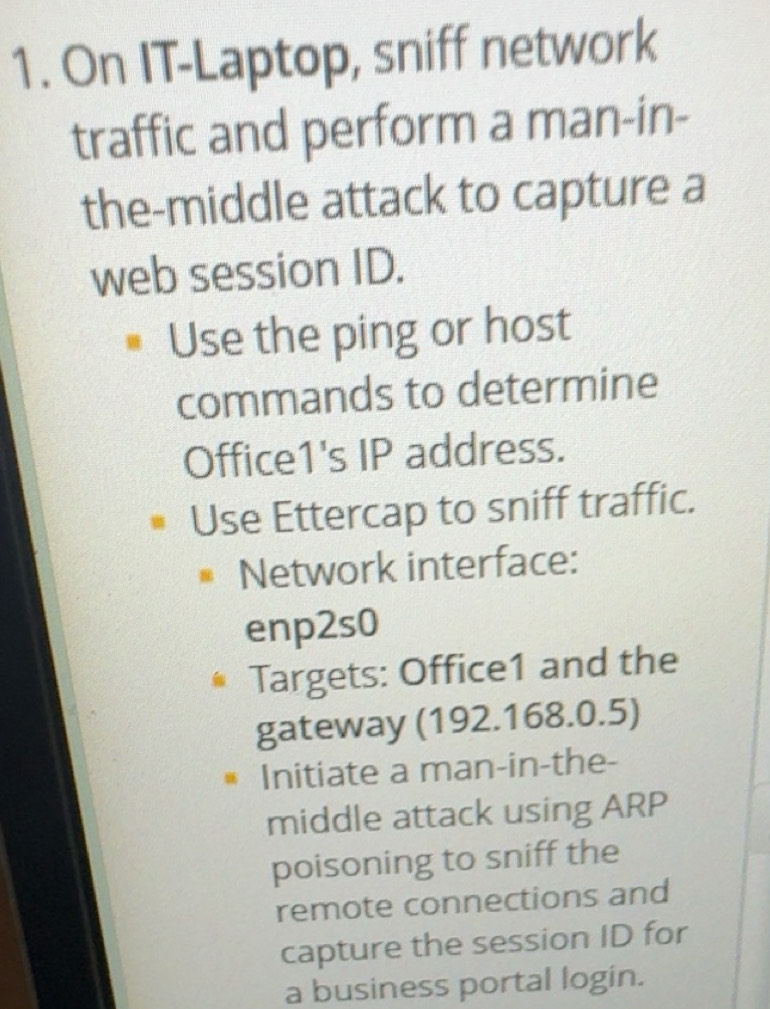 Solved: On IT-Laptop, sniff network traffic and perform a man-in- the ...