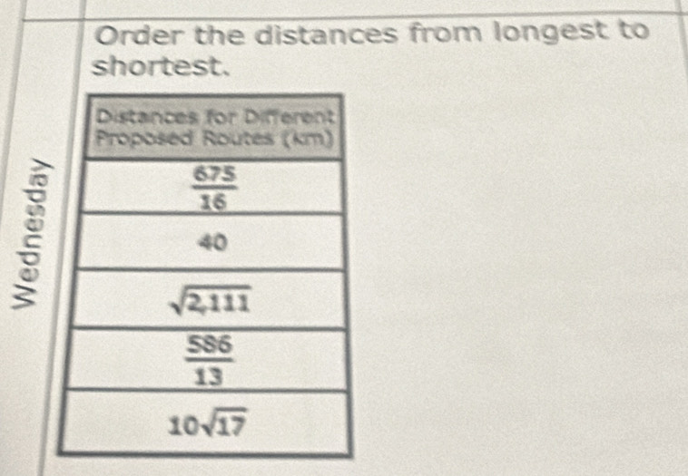 Order the distances from longest to
shortest.