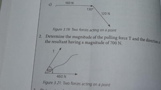 Determine the magnitude of the pulling force T and the direction 
the resultant having a magnitude of 700 N.
T
60°
460 N
Figure 3.21: Two forces acting on a point