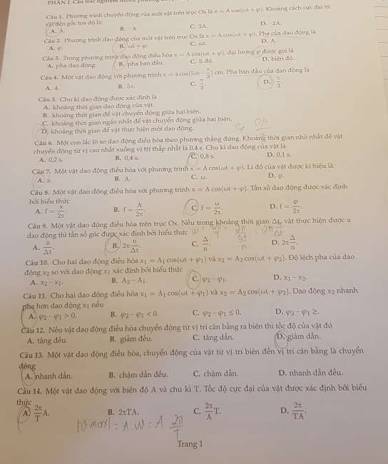 PHAN L Câu trác nghh hn
Câu 1. Phương trình chuyển động của một vật trên trục Ox là
vật đến gốc tọa độ là: A. A. x=Acos (omega t+varphi ) Khoảng cách cực đại từ
B.-A. C. 2A. D. -2A
Câu 2. Phương trình dao động của một vật trên trục Ox là x=Acos (omega t+varphi ). Pha của đạo động là D. A.
A. ∉ P, B. 61t+4^
C. o
Câu 3. Trong phương trình đào động điều hòa x-Acos (omega t+varphi ) , đại lượng ợ được gọi là D. biên độ.
A. pha dạo động. B.  pha ban đầu C. li độ
Câu 4. Một vật đạo động với phương trình x=4cos (5π t- π /3 )cm Pha ban đầu của đạo động là
A. 4. B. 5π C.  π /3 . D.  π /3 .
Câu 5. Chu kì đạo động được xác định là
A. khoảng thời gian dạo động của vật
B. khoảng thời gian để vật chuyển động giữa hai biên.
C. khoảng thời gian ngắn nhất để vật chuyển động giữa hai biên.
D. khoảng thời gian để vật thực hiện một dao động.
Cu 6. Một con lắc lò xo dao động điều hòa theo phương thẳng đứng, Khoảng thời gian nhỏ nhất để vật
chuyển động từ vị cao nhất xuống vị trí thấp nhất là 0,4 s. Chu ki dao động của vật là D. 0,1 s.
A. 0,2 s. B. 0,4 s. C. 0,8 s.
Câu 7, Một vật dao động điều hòa với phương trình x=Acos (omega t+varphi ) C. ω . Li độ của vật được kí hiệu là
A. x B. A.
D. φ.
Cầu 8. Một vật dao động điều hòa với phương trình x=Acos (omega t+varphi ). Tần số dao động được xác định
bởi biểu thức
A. f= x/2π  . B. f= A/2π  . C. f= omega /2π  . D. f= varphi /2π  .
Câu 9. Một vật dao động điều hòa trên trục Ox. Nếu trong khoảng thời gian △ t_v vật thực hiện được n
dao động thì tần số góc được xác định bởi hiểu thức
A.  n/△ t . B. 2π  n/△ t . C.  △ /n . D. 2π  △ /n .
Câu 10. Cho hai dao động điều hòa x_1=A_1 os(omega t+varphi _1) và x_2=A_2cos (omega t+varphi _2) 1 Độ lệch pha của dao
động x2 so với dao động xị xác định bởi biểu thức
A. x_2-x_1, B. A_2-A_1. C. varphi _2-varphi _1. D. x_1-x_2.
Câu 11. Cho hai dao động điều hòa x_1=A_1cos (omega t+varphi _1) và x_2=A_2cos (omega t+varphi _2). Dao động x_2 nhanh
pha hơn dao động xị nếu
A. varphi _2-varphi _1>0. B. varphi _2-varphi _1<0. C. varphi _2-varphi _1≤ 0. D. varphi _2-varphi _1≥ .
Cầu 12. Nếu vật dao động điều hòa chuyển động từ vị trí cân bằng ra biên thì tốc độ của vật đó
A. tăng đều. B. giảm đều. C. tăng dẫn. D. giảm dẫn.
Câu 13. Một vật dao động điều hòa, chuyển động của vật từ vị trí biên đến vị trí cân bằng là chuyển
động
A. nhanh dần. B. chậm dần đều. C. chậm dần. D. nhanh dần đều.
Cầu 14. Một vật dao động với biên độ A và chu kì T. Tốc độ cực đại của vật được xác định bởi biểu
thức
A.  2π /T A. B. 2π TA. C.  2π /A T. D.  2π /TA .
Trang 1