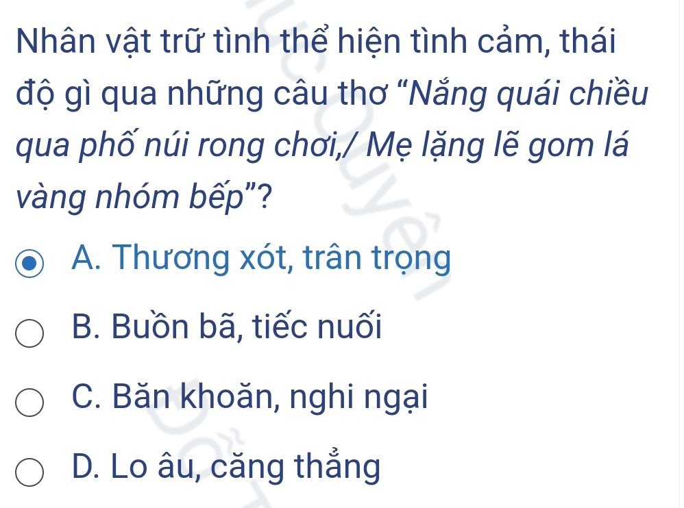 Nhân vật trữ tình thể hiện tình cảm, thái
độ gì qua những câu thơ "Nắng quái chiều
qua phố núi rong chơi,/ Mẹ lặng lẽ gom lá
vàng nhóm bếp"?
A. Thương xót, trân trọng
B. Buồn bã, tiếc nuối
C. Băn khoăn, nghi ngại
D. Lo âu, căng thẳng