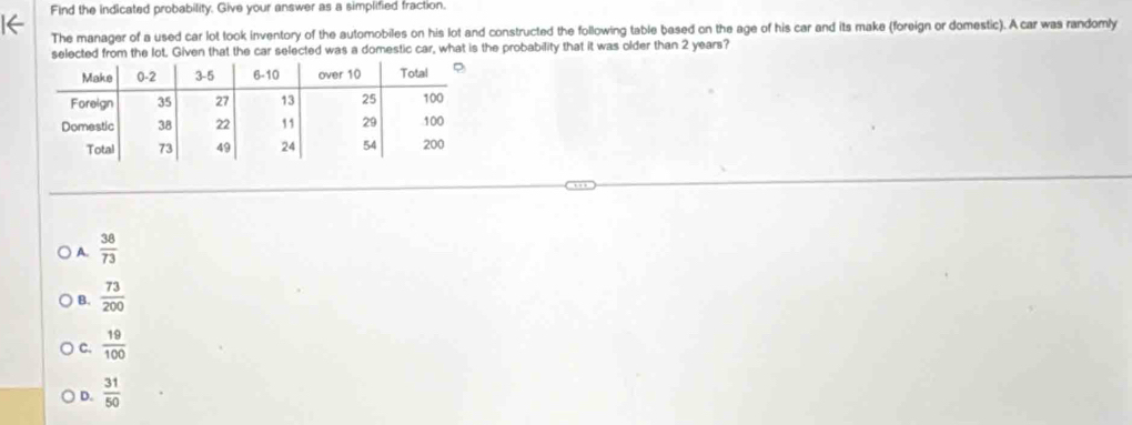 Find the indicated probability. Give your answer as a simplified fraction.
← The manager of a used car lot took inventory of the automobiles on his lot and constructed the following table based on the age of his car and its make (foreign or domestic). A car was randomly
selected from the lot, Given that the car selected was a domestic car, what is the probability that it was older than 2 years?
A.  38/73 
B.  73/200 
C.  19/100 
D.  31/50 