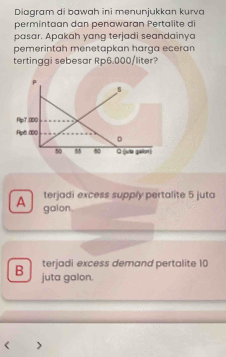 Diagram di bawah ini menunjukkan kurva
permintaan dan penawaran Pertalite di
pasar. Apakah yang terjadi seandainya
pemerintah menetapkan harga eceran
tertinggi sebesar Rp6.000/liter?
A terjadi excess supply pertalite 5 juta
galon.
B terjadi excess demand pertalite 10
juta galon.