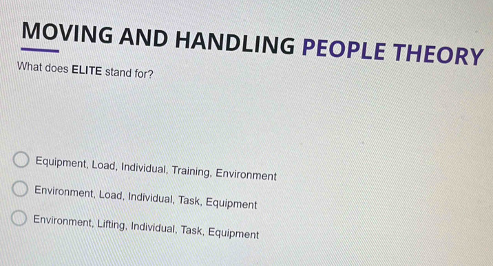 Solved: MOVING AND HANDLING PEOPLE THEORY What does ELITE stand for ...