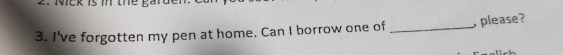 I've forgotten my pen at home. Can I borrow one of _please?