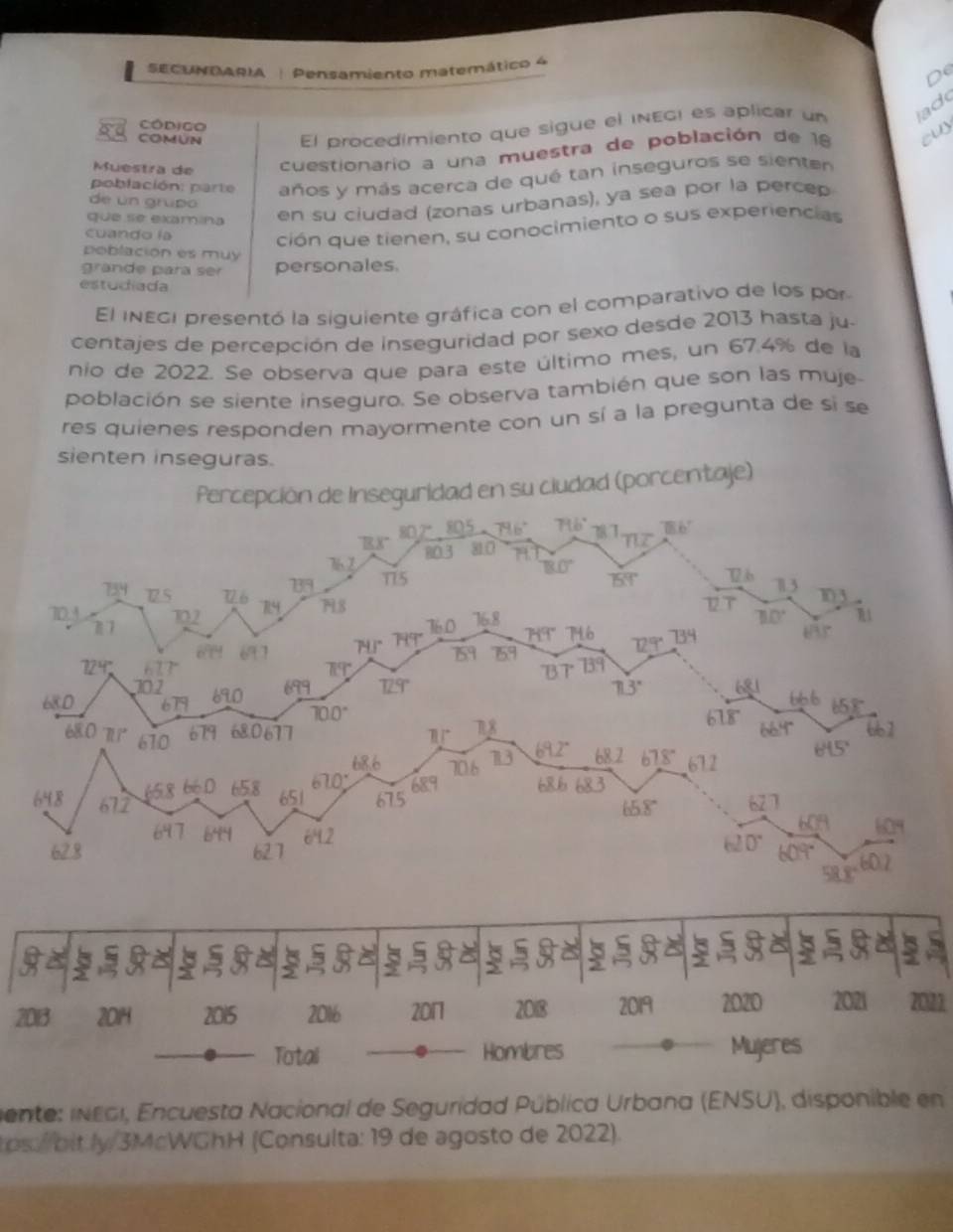 SECUNDARIA  | Pensamiento matemático 4
De
COMUN El procedimiento que sigue el inEGi es aplicar un ado
Código
Muestra de cuestionario a una muestra de población de 18 cus
población: parte años y más acerca de qué tan inseguros se sienten
de un grupo
que se examína en su ciudad (zonas urbanas), ya sea por la percep
cuando la
ción que tienen, su conocimiento o sus experiencias
poblacion es muy
grande para ser personales.
estudiada
El iNEGI presentó la siguiente gráfica con el comparativo de los por
centajes de percepción de inseguridad por sexo desde 2013 hasta ju-
nio de 2022. Se observa que para este último mes, un 67.4% de la
población se siente inseguro. Se observa también que son las muje
res quienes responden mayormente con un sí a la pregunta de sí se
sienten inseguras.
Percepción de Inseguridad en su ciudad (porcentaje)
2013 2014 2015 2016 2017 2018 2019 2020 2021 2011
Totail Hombres Mujeres
mente: i NEGI, Encuesta Nacional de Seguridad Pública Urbana (ENSU), disponible en
ps / bitly 3McWGhH (Consulta: 19 de agosto de 2022).