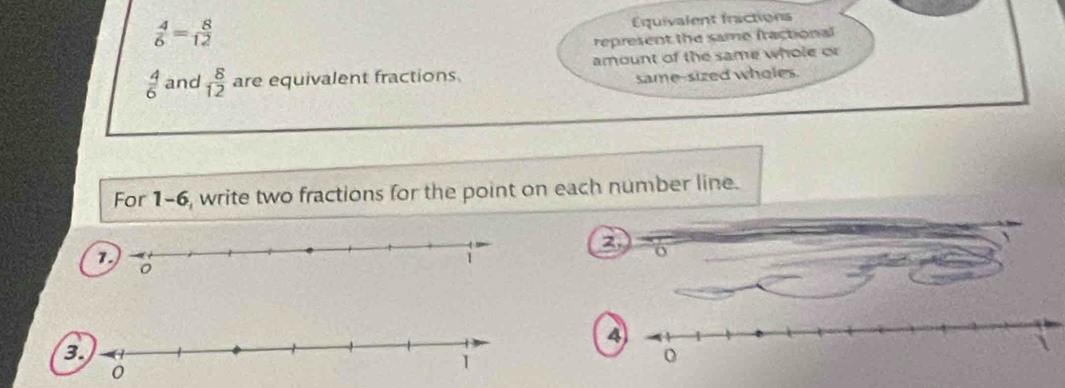  4/6 = 8/12 
Équivalent fractions 
represent the same fractional 
amount of the same whole or
 4/6  and  8/12  are equivalent fractions. 
same-sized wholes. 
For 1-6, write two fractions for the point on each number line. 
2. 6
4
3