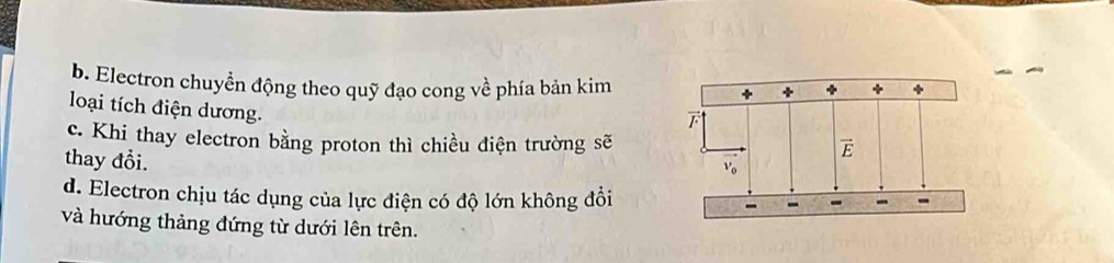 b. Electron chuyển động theo quỹ đạo cong về phía bản kim
loại tích điện dương.
c. Khi thay electron bằng proton thì chiều điện trường sẽ
thay đổi.
d. Electron chịu tác dụng của lực điện có độ lớn không đổi
và hướng thảng đứng từ dưới lên trên.