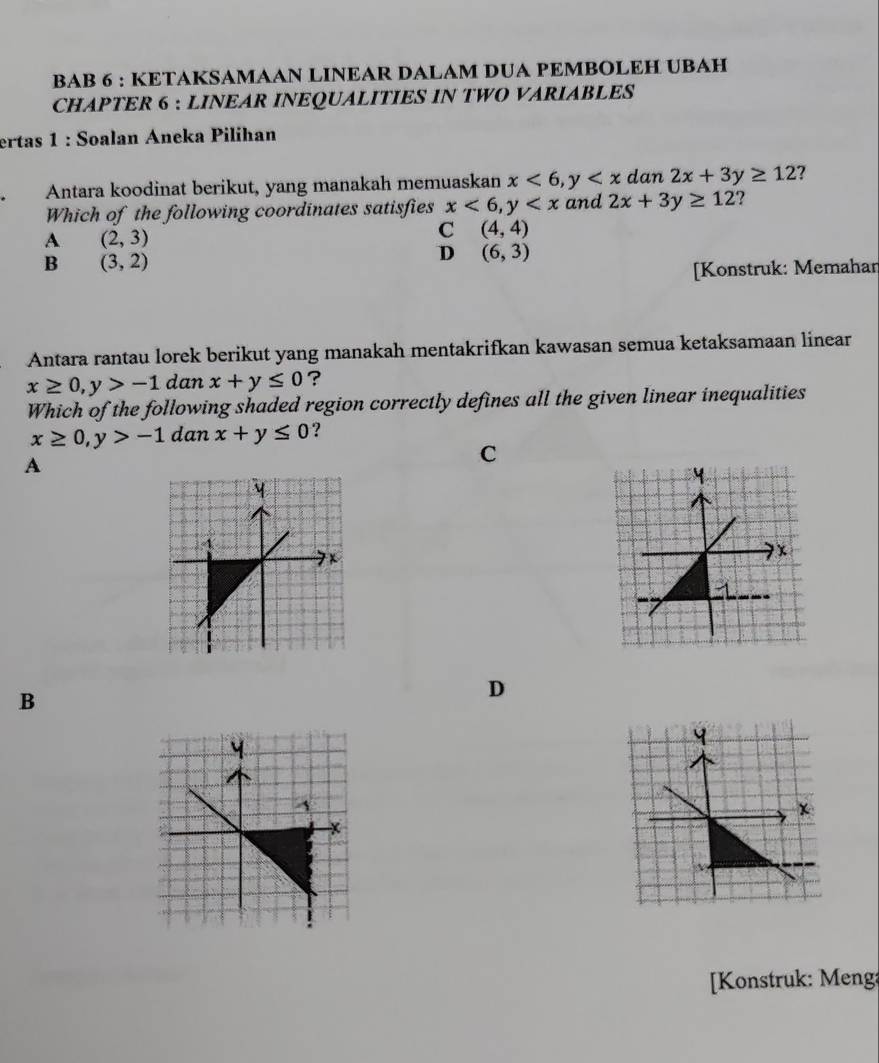 BAB 6 : KETAKSAMAAN LINEAR DALAM DUA PEMBOLEH UBAH
CHAPTER 6 : LINEAR INEQUALITIES IN TWO VARIABLES
ertas 1 : Soalan Aneka Pilíhan
Antara koodinat berikut, yang manakah memuaskan x<6</tex>, y dan 2x+3y≥ 12 ?
Which of the following coordinates satisfies x<6</tex>, y and 2x+3y≥ 12 ?
A (2,3)
C (4,4)
B (3,2)
D (6,3)
[Konstruk: Memahan
Antara rantau lorek berikut yang manakah mentakrifkan kawasan semua ketaksamaan linear
x≥ 0, y>-1 dan x+y≤ 0 ?
Which of the following shaded region correctly defines all the given linear inequalities
x≥ 0, y>-1 dan x+y≤ 0 ?
A
C
B
D
[Konstruk: Menga