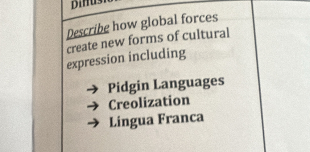 Dinusi
Describe how global forces
create new forms of cultural
expression including
Pidgin Languages
Creolization
Lingua Franca