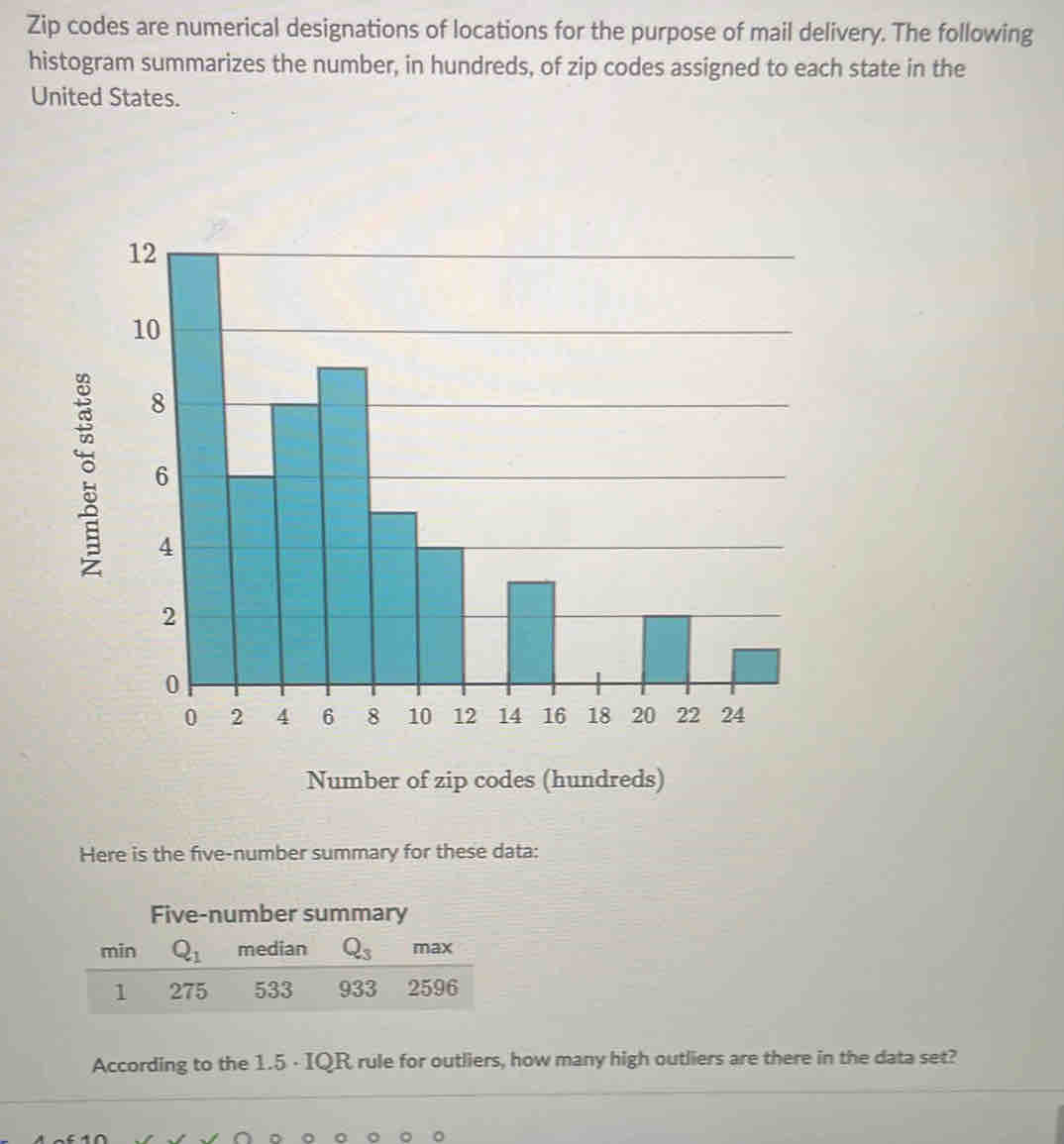 Zip codes are numerical designations of locations for the purpose of mail delivery. The following 
histogram summarizes the number, in hundreds, of zip codes assigned to each state in the 
United States. 
Number of zip codes (hundreds) 
Here is the five-number summary for these data: 
Five-number summary 
min Q_1 median Q_3 max
1 275 533 933 2596
According to the 1.5 · IQR rule for outliers, how many high outliers are there in the data set?