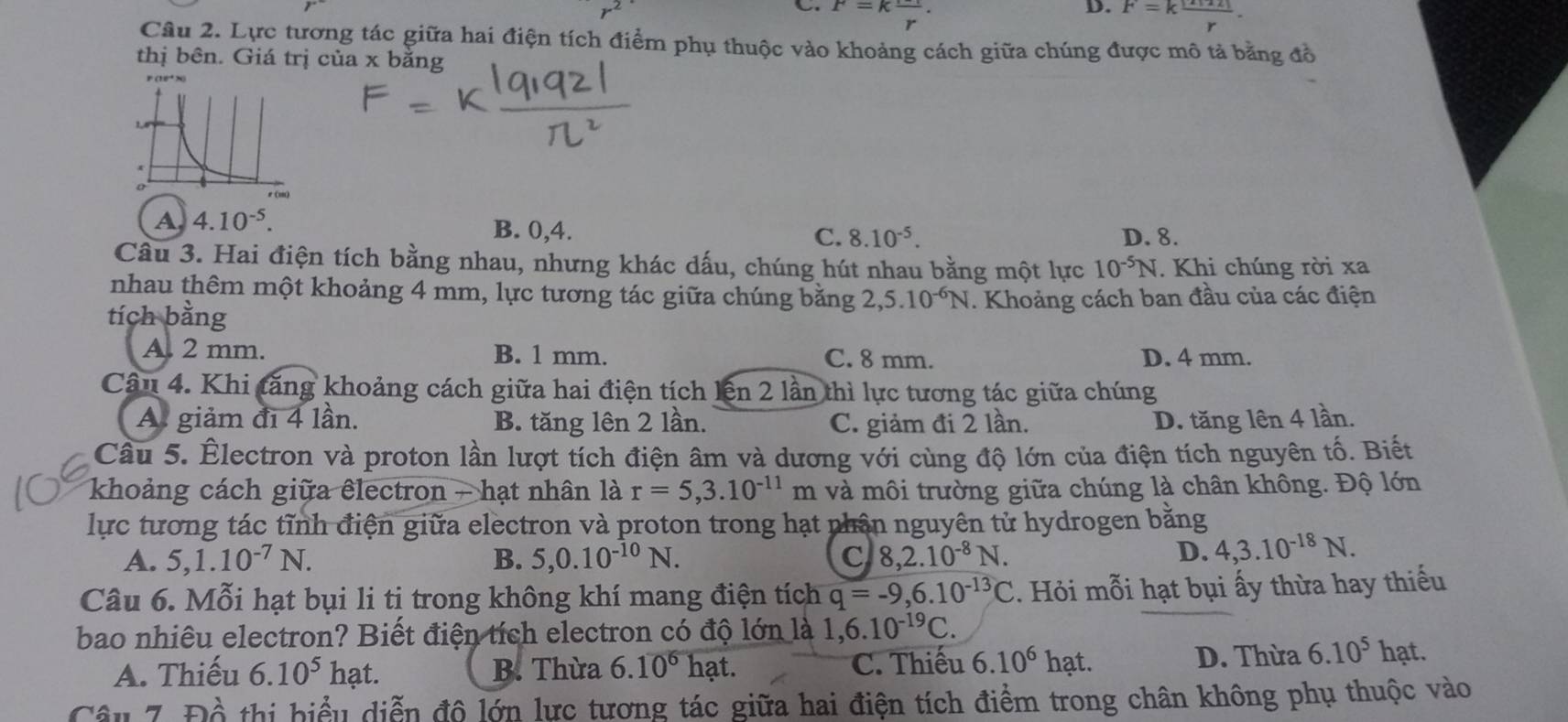 C. F=kfrac r.
D. F=k |1122|/r .
Câu 2. Lực tương tác giữa hai điện tích điểm phụ thuộc vào khoảng cách giữa chúng được mô tả bằng đồ
thị bên. Giá trị của x bằng
A 4.10^(-5). B. 0,4. D. 8.
C. 8.10^(-5).
Câu 3. Hai điện tích bằng nhau, nhưng khác dấu, chúng hút nhau bằng một lực 10^(-5)N. Khi chúng rời xa
nhau thêm một khoảng 4 mm, lực tương tác giữa chúng bằng 2,5.10^(-6)N
tích bằng . Khoảng cách ban đầu của các điện
A. 2 mm. B. 1 mm. C. 8 mm. D. 4 mm.
Câu 4. Khi tăng khoảng cách giữa hai điện tích lện 2 lần thì lực tương tác giữa chúng
A giảm đi 4 lần. B. tăng lên 2 lần. C. giảm đi 2 lần. D. tăng lên 4 lần.
Cầu 5. Êlectron và proton lần lượt tích điện âm và dương với cùng độ lớn của điện tích nguyên tố. Biết
khoảng cách giữa êlectron - hạt nhân là r=5,3.10^(-11)m và môi trường giữa chúng là chân không. Độ lớn
lực tương tác tĩnh điện giữa electron và proton trong hạt nhân nguyên tử hydrogen bằng
A. 5,1.10^(-7)N. B. 5,0.10^(-10)N. C 8,2.10^(-8)N.
D. 4,3.10^(-18)N.
Câu 6. Mỗi hạt bụi li ti trong không khí mang điện tích q=-9,6.10^(-13)C 3. Hỏi mỗi hạt bụi ấy thừa hay thiếu
bao nhiêu electron? Biết điện tích electron có độ lớn là 1,6.10^(-19)C. hạt.
A. Thiếu 6.10^5 hạt. B. Thừa 6.10^6 hạt. C. Thiếu 6.10^6 hạt. D. Thừa 6.10^5
Câu 7. Đồ thị biểu diễn độ lớn lực tương tác giữa hai điện tích điểm trong chân không phụ thuộc vào