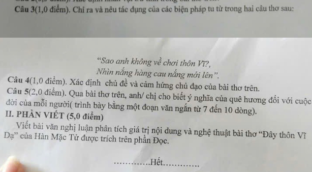 Câu 3(1, 0 điểm). Chỉ ra và nêu tác dụng của các biện pháp tu từ trong hai câu thơ sau: 
“Sao anh không về chơi thôn Vĩ?, 
Nhìn nắng hàng cau nắng mới lên”. 
Câu 4(1,0 điểm). Xác định chủ đề và cảm hứng chủ đạo của bài thơ trên. 
Câu 5(2,0 điểm). Qua bài thơ trên, anh/ chị cho biết ý nghĩa của quê hương đổi với cuộc 
đời của mỗi người( trình bày bằng một đoạn văn ngắn từ 7 đến 10 dòng). 
II. PHÀN VIÉT (5,0 điểm) 
Viết bài văn nghị luận phân tích giá trị nội dung và nghệ thuật bài thơ “Đây thôn Vĩ 
Dạ' của Hàn Mặc Tử được trích trên phần Đọc. 
_ 
.Hết._