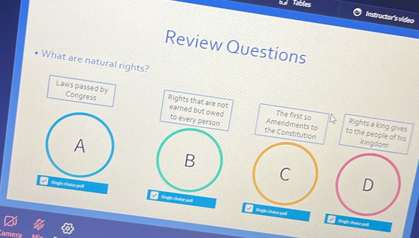 Tables 
Instructor's video 
Review Questions 
What are natural rights? 
Laws passed by Rights that are not The first 10
Congress earned but owed Amendments to 
Rights a king gives 
to every person the Constitution kingdom 
to the people of his 
A 
B 
C 
D 
[Single choice poll Single choice poll 
Single chsice goll Sigle chaice pal 
amera Mic