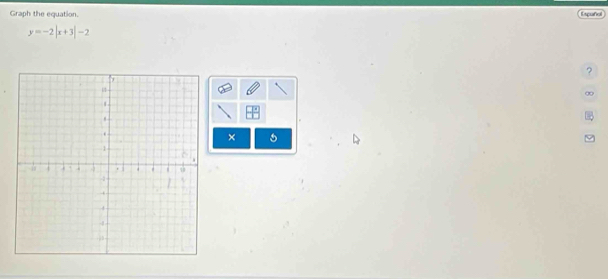 Graph the equation. 
Eguño
y=-2|x+3|-2
? 
∞ 
×