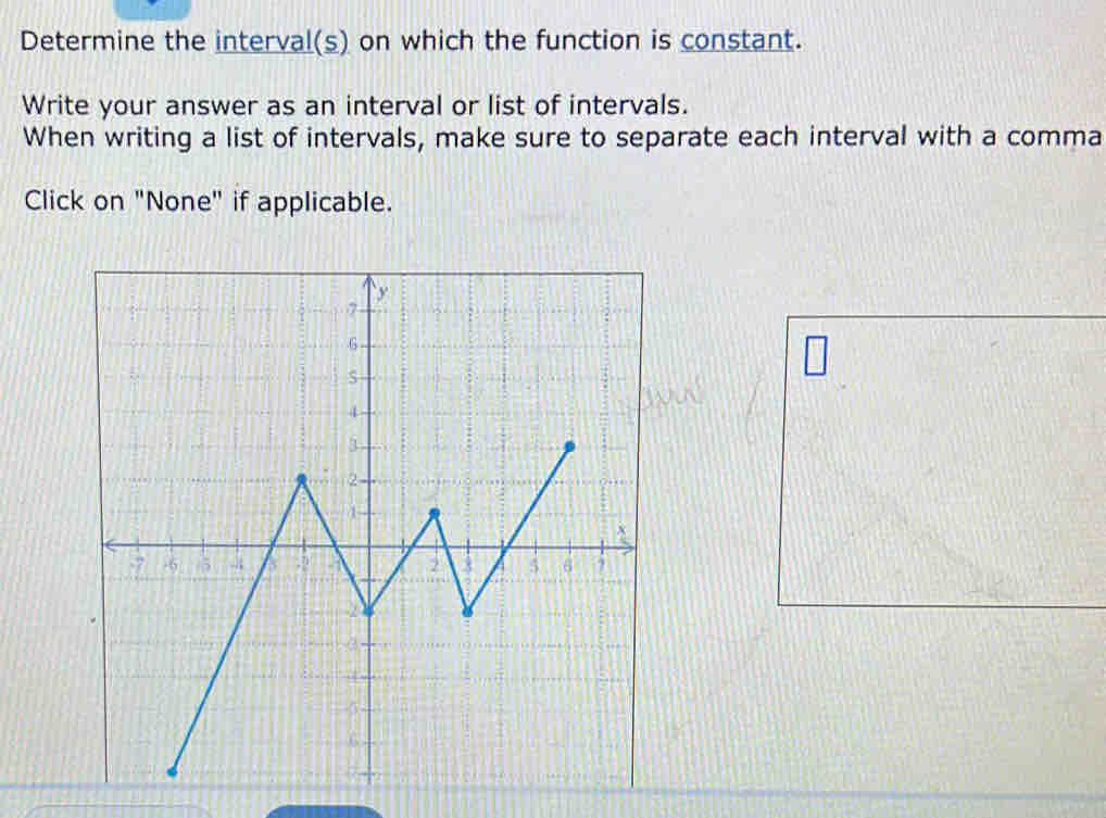 Determine the interval(s) on which the function is constant. 
Write your answer as an interval or list of intervals. 
When writing a list of intervals, make sure to separate each interval with a comma 
Click on "None" if applicable.