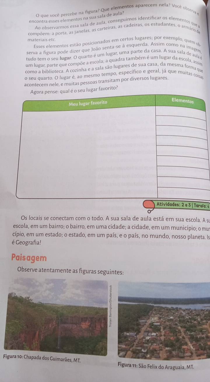 que você percebe na figura? Que elementos aparecem nela? Você observa e 
encontra esses elementos na sua sala de aula? 
Ao observarmos essa sala de aula, conseguimos identificar os elementos que a 
compõem: a porta, as janelas, as carteiras, as cadeiras, os estudantes, o armário de 
materiais etc. 
Esses elementos estão posicionados em certos lugares; por exemplo, quem ob 
serva a figura pode dizer que João senta-se à esquerda. Assim como na imagem 
tudo tem o seu Iugar. O quarto é um lugar, uma parte da casa. A sua sala de aulaé 
um lugar, parte que compõe a escola; a quadra também é um lugar da escola, assim 
como a biblioteca. A cozinha e a sala são lugares de sua casa, da mesma forma que 
o seu quarto. O lugar é, ao mesmo tempo, específico e geral, já que muitas coisas 
acontecem nele, e muitas pessoas transitam por diversos lugares. 
lugar favorito? 
fo: 4 
Os locais se conectam com o todo. A sua sala de aula está em sua escola. A su 
escola, em um bairro; o bairro, em uma cidade; a cidade, em um município; o mur 
cípio, em um estado; o estado, em um país, e o país, no mundo, nosso planeta. Is 
é Geografia! 
Paisagem 
Observe atentamente as figuras seguintes: 
Figura 10: Chapada dos Guimarães, MT. 
Figura 11: São Felix do Araguaia, MT.