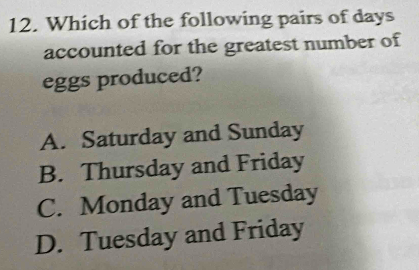 Which of the following pairs of days
accounted for the greatest number of
eggs produced?
A. Saturday and Sunday
B. Thursday and Friday
C. Monday and Tuesday
D. Tuesday and Friday