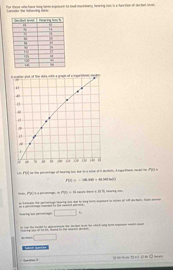 For those who have long term exposure to loud machinery, hearing loss is a function of decibel level. 
Consider the following data: 
Let P(t) be the percentage of hearing loss due to a noise of f decibels. A logarithmic model for P(t) B
P(t)=-195.048+49.343ln (t)
Note, P(t) is a percentage, so P(t)=15 means there is 15 % hearing loss. 
a) Estimate the percentage hearing loss due to long term exposure to noises of 149 decibels. State answer 
as a percentage rounded to the nearest percent. 
bearing loss percentage: □ %
b) Use the model to approximate the decibel levei for which long term exposure would cause 
hearing loss of 54.5%. Round to the nearest decibel. 
decibets □ 
Submit Question 
Question 9 10/10 pts 0- 9 Detaits