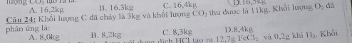 jượng L(0) B. 16. 3kg C. 16, 4kg
A. 16, 2kg
Câu 24: Khối lượng C dã cháy là 3kg và khối lượng CO_2 thu được là l1kg. Khối lượng D. 16, 5kg O_2 dā
phản ứng là: C. 8, 3kg D. 8, 4kg
A. 8,0kg B. 8, 2kg ị ch C É ạo ra 12.7g Fe l_2 và 0,2g khí 11_2. Khối