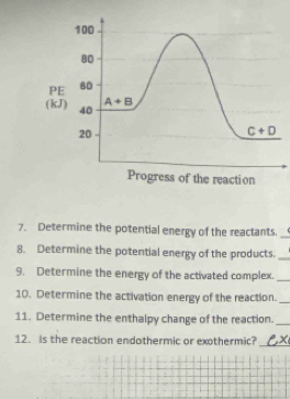 Determine the potential energy of the reactants._
8. Determine the potential energy of the products._
9. Determine the energy of the activated complex._
10. Determine the activation energy of the reaction._
11. Determine the enthalpy change of the reaction._
12. Is the reaction endothermic or exothermic?_