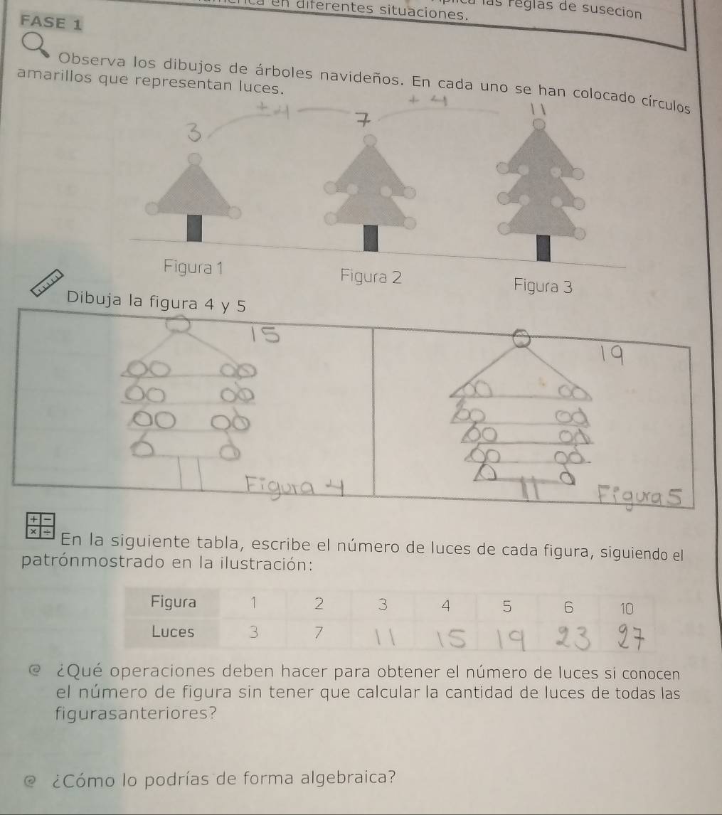 Lu las réglas de susecion 
a en diferentes situaciones. 
FASE 1 
amarillos que representan luces. 
Observa los dibujos de árboles navideños. En cada uno se ha 
Dibuja la figura 4 y 5
χ En la siguiente tabla, escribe el número de luces de cada figura, siguiendo el 
patrónmostrado en la ilustración: 
@ ¿Qué operaciones deben hacer para obtener el número de luces si conocen 
el número de figura sin tener que calcular la cantidad de luces de todas las 
figurasanteriores? 
¿Cómo lo podrías de forma algebraica?