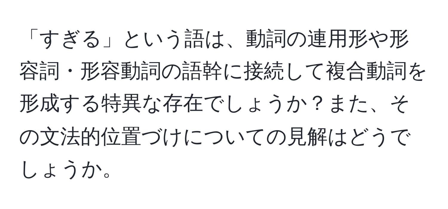 「すぎる」という語は、動詞の連用形や形容詞・形容動詞の語幹に接続して複合動詞を形成する特異な存在でしょうか？また、その文法的位置づけについての見解はどうでしょうか。