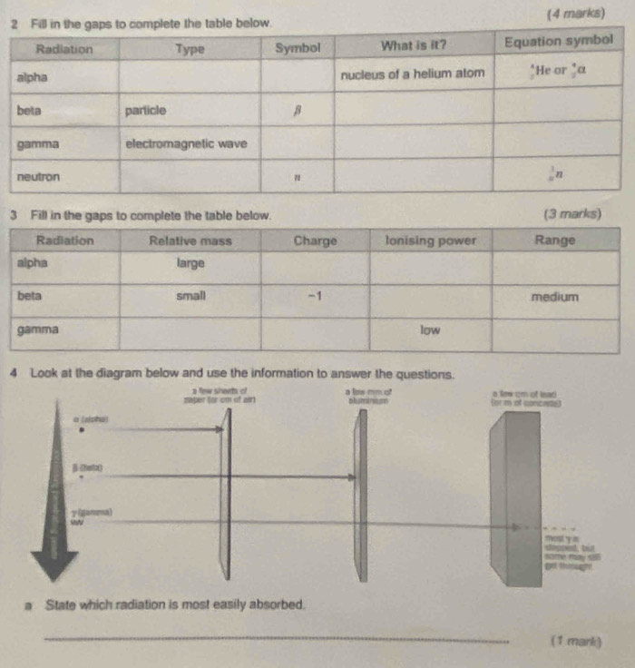 Fill in the gaps tolow. (3 marks)
4 Look at the diagram below and use the information to answ
a State which radiation is most easily absorbed.
_
(1 mark)