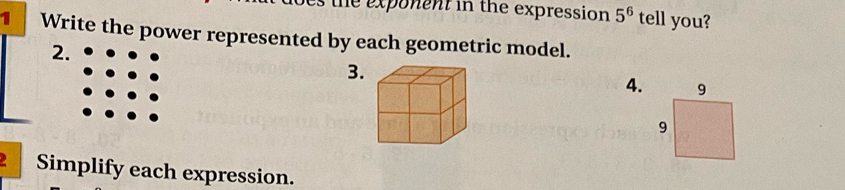 the exponent in the expression 5^6 tell you? 
1 Write the power represented by each geometric model. 
2. 
3. 
4. 
Simplify each expression.