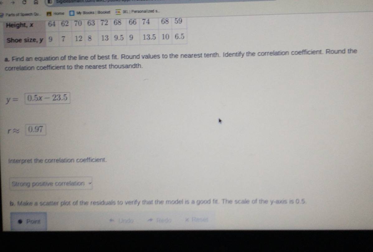 Parts off Speech Qu._ Home My Blooks | Blooket nt DXL | Personalized .... 
a. Find an equation of the line of best fit. Round values to the nearest tenth. Identify the correlation coefficient. Round the 
correlation coefficient to the nearest thousandth.
y=0.5x-23.5
0.97
Interpret the correlation coefficient. 
Strong positive correlation 
b. Make a scatter plot of the residuals to verify that the model is a good fit. The scale of the y-axis is 0.5. 
Point Undo Redo x Reses