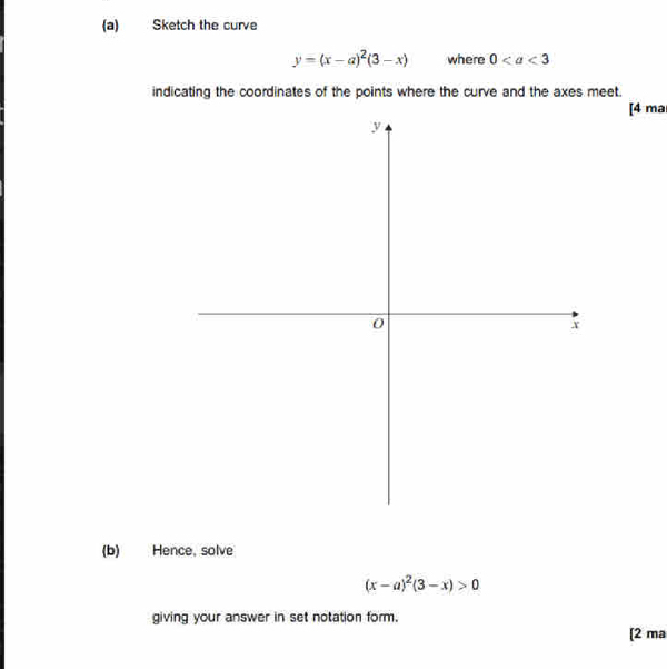 Sketch the curve
y=(x-a)^2(3-x) where 0
indicating the coordinates of the points where the curve and the axes meet. 
[4 ma 
(b) Hence, solve
(x-a)^2(3-x)>0
giving your answer in set notation form. 
[2 ma