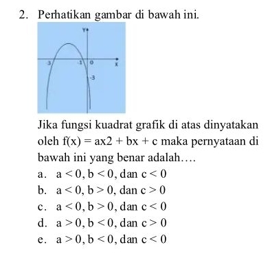 Perhatikan gambar di bawah ini.
Jika fungsi kuadrat grafik di atas dinyatakan
oleh f(x)=ax2+bx+c maka pernyataan di
bawah ini yang benar adalah…
a. a<0</tex>, b<0</tex> , dan c<0</tex>
b. a<0</tex>, b>0 , dan c>0
c. a<0</tex>, b>0 , d an c<0</tex>
d. a>0, b<0</tex> , d an c>0
e. a>0, b<0</tex> , d an c<0</tex>