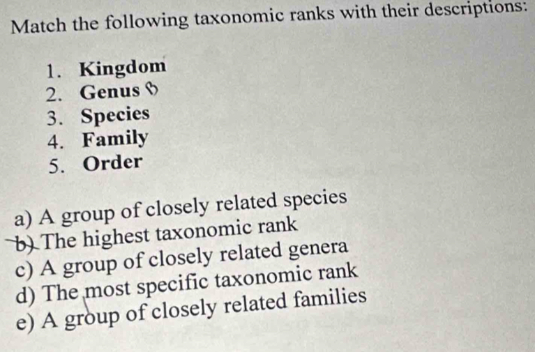 Match the following taxonomic ranks with their descriptions:
1. Kingdom
2. Genus
3. Species
4. Family
5. Order
a) A group of closely related species
b) The highest taxonomic rank
c) A group of closely related genera
d) The most specific taxonomic rank
e) A group of closely related families