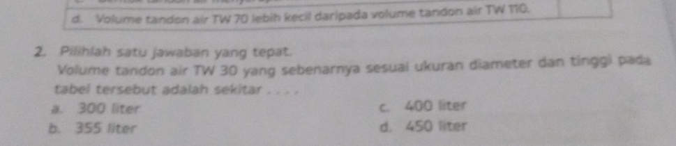 d. Volume tandon air TW 70 lebih kecil daripada volume tandon air TW 110.
2. Pilihlah satu jawaban yang tepat.
Volume tandon air TW 30 yang sebenarnya sesuai ukuran diameter dan tinggi pada
tabel tersebut adalah sekitar . . . .
a. 300 liter c. 400 liter
b. 355 liter d. 450 liter