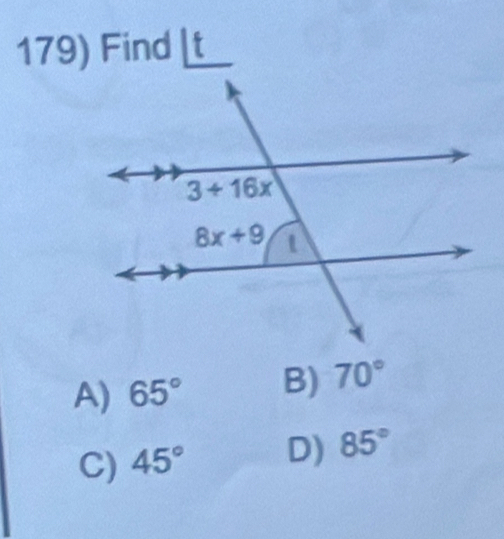 Find It
·
A) 65° B) 70°
C) 45° D) 85°