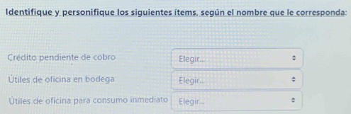 Identifique y personifique los siguientes ítems, según el nombre que le corresponda: 
Crédito pendiente de cobro Elegir... 
Útiles de oficina en bodega Elegir... 
Útiles de oficina para consumo inmediato Elegir... ;