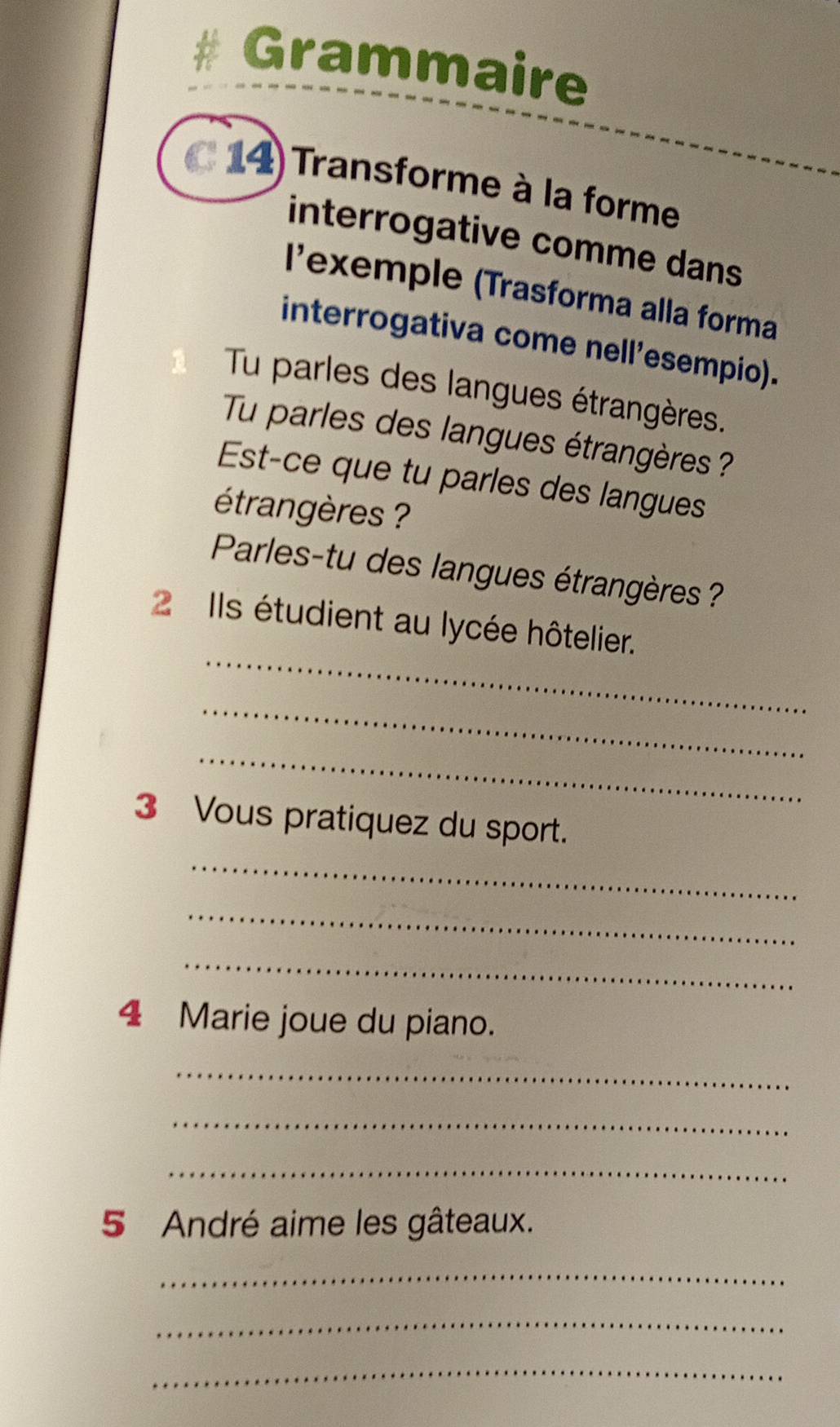 Grammaire 
14) Transforme à la forme 
interrogative comme dans 
l'exemple (Trasforma alla forma 
interrogativa come nell'esempio). 
Tu parles des langues étrangères. 
Tu parles des langues étrangères? 
Est-ce que tu parles des langues 
étrangères ? 
Parles-tu des langues étrangères ? 
_ 
2 Ils étudient au lycée hôtelier. 
_ 
_ 
3 Vous pratiquez du sport. 
_ 
_ 
_ 
4 Marie joue du piano. 
_ 
_ 
_ 
5 André aime les gâteaux. 
_ 
_ 
_