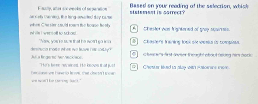 Finally, after six weeks of separation Based on your reading of the selection, which
statement is correct?
anxiety training, the long-awaited day came
when Chester could roam the house freely A) Chester was frightened of gray squirrels.
while I went off to school.
"Now, you're sure that he won't go into B) Chester's training took six weeks to complete.
destructo mode when we leave him today?"
Julia tingered her necklace.
C) Chester's first owner thought about taking him back.
"He's been retrained. He knows that just D] Chester liked to play with Paloma's mom.
because we have to leave, that doesn't mean
we won't be coming back."