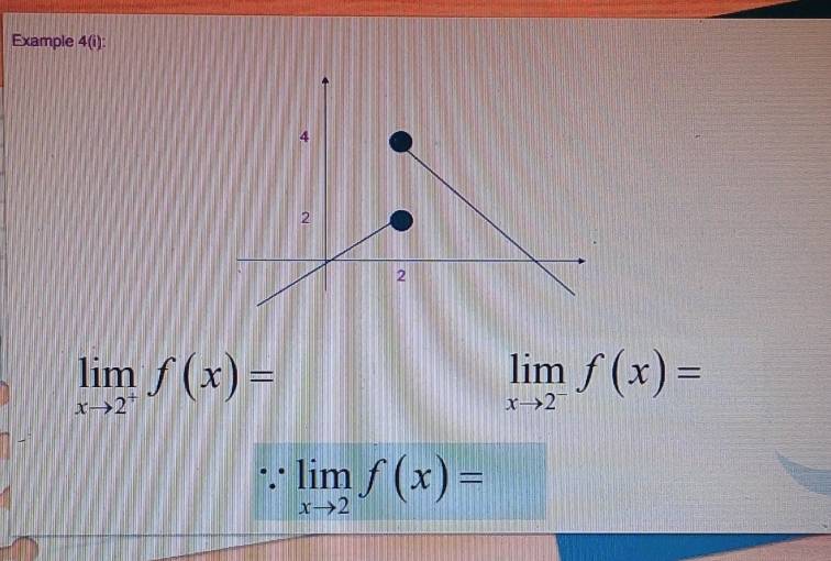 Example 4(i)
limlimits _xto 2^+f(x)=
limlimits _xto 2^-f(x)=
limlimits _xto 2f(x)=
11°