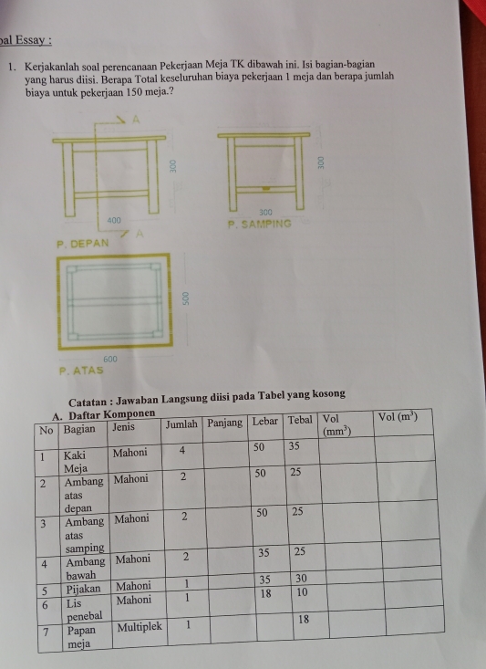 bal Essay :
1. Kerjakanlah soal perencanaan Pekerjaan Meja TK dibawah ini. Isi bagian-bagian
yang harus diisi. Berapa Total keseluruhan biaya pekerjaan 1 meja dan berapa jumlah
biaya untuk pekerjaan 150 meja.?
P. ATAS
waban Langsung diisi pada Tabel yang kosong